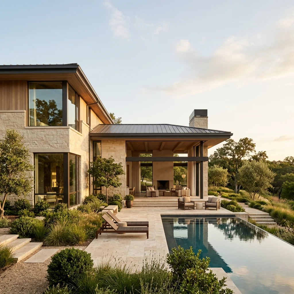 Architectural rendering of a modern luxury estate in Austin showing refined roof lines and clean stone architecture
