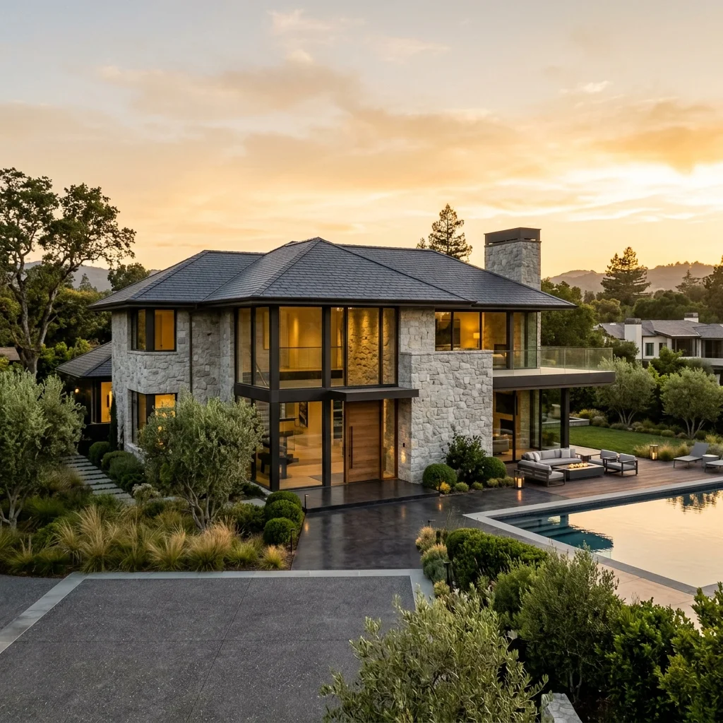 Clean slate roofing tiles installed perfectly on a luxury limestone property in West Lake Hills, Austin